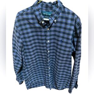 Rich Navy Blue/Steel Blue/Gold/White Plaid Shirt by Ralph Lauren.  Size=L